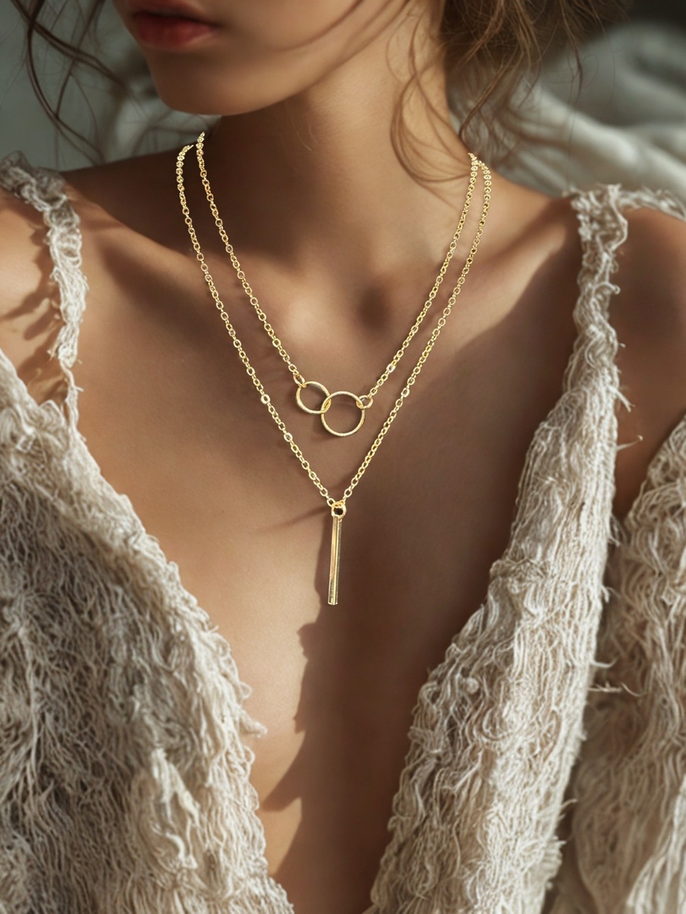 💛Gold-Tone Layered Interlocking Circles & Bar Necklaces/NIB💛
